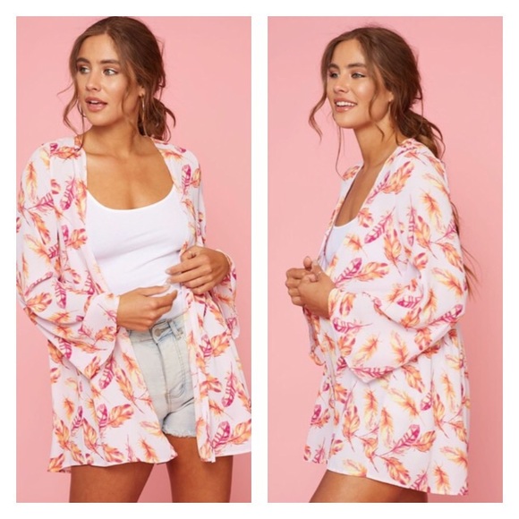 Feather Print Woven Kimono Cover Up - Picture 3 of 5